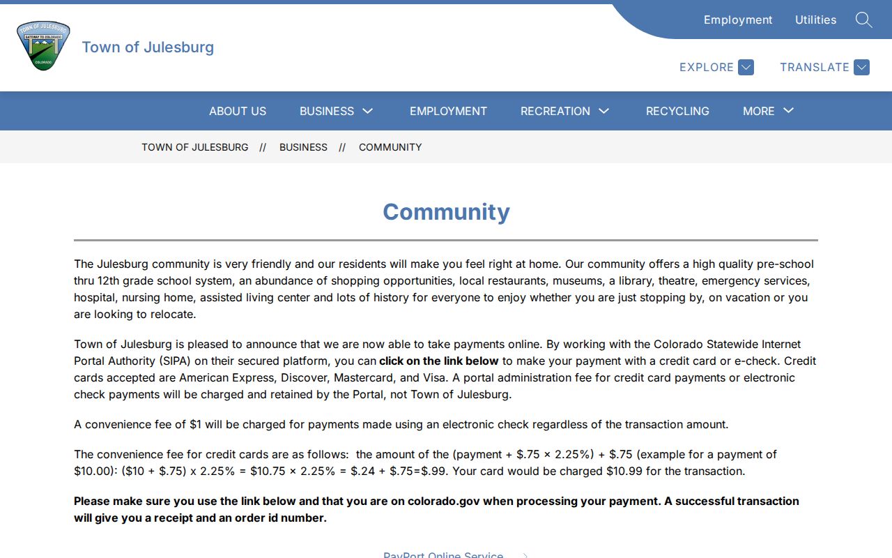 Official town contact page used to route Julesburg court records questions