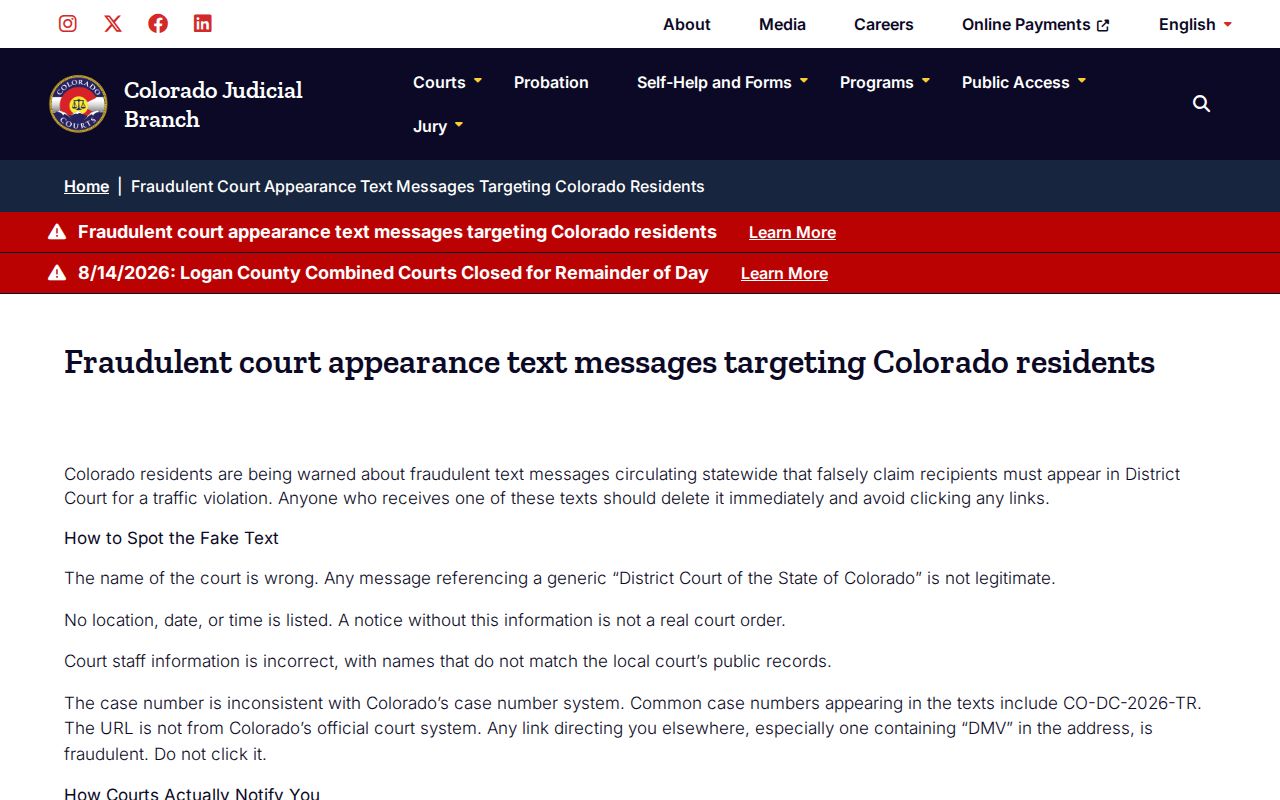Fraud warning for verifying Sedgwick County criminal court docket notices